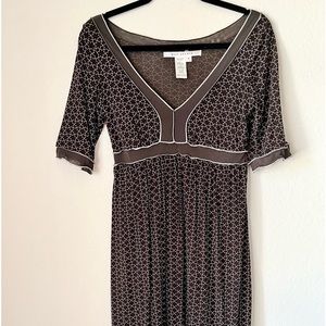 Max Studio Retro Micro Flower Boho Midi Lined Lettuce Hem Dress Office Drapey